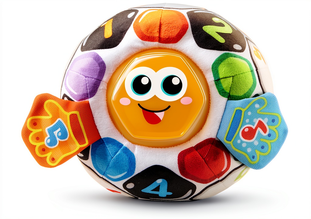 VTech soccer ball showing light-up face and soft arms on a play mat