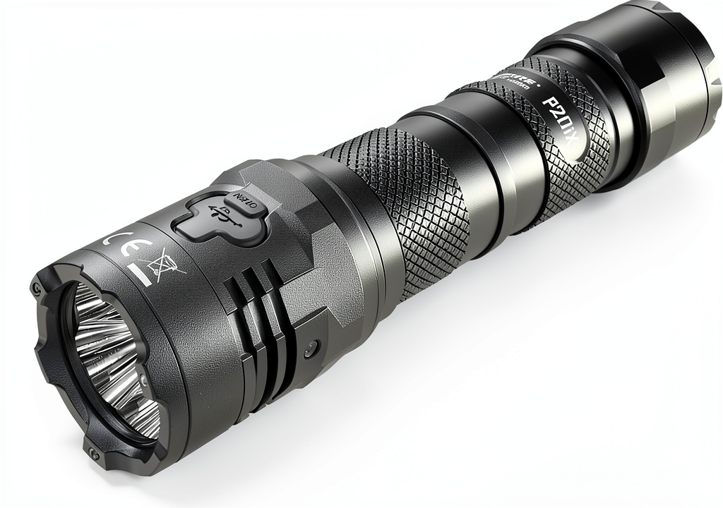 Nitecore P20iX Tactical Flashlight 4000 Lumen Rechargeable being mounted on a tactical belt with holster attached