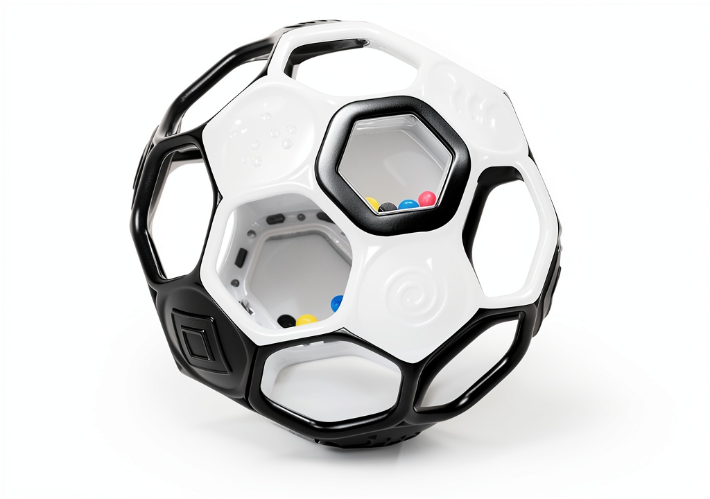 Bright Starts Grippin Goals rattle ball held by baby showing finger holes